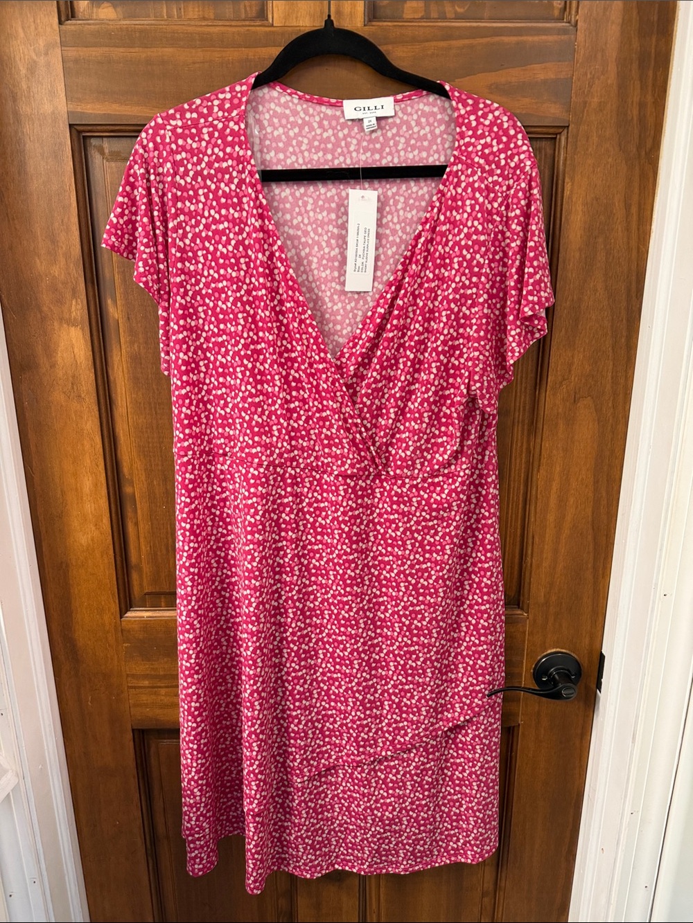 Gilli Pink Dotted Faux-Wrap V-Neck Dress